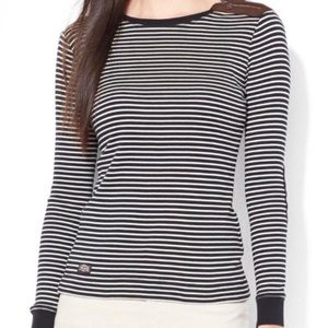 Lauren Ralph Lauren Black/White Striped Elbow Patch Long Sleeve Top, Size Medium